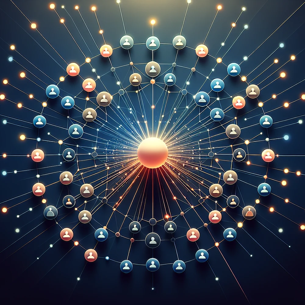 communi-netzwerk-menschen Grafik eines Netzwerks: viele runde Personensymbole sind über feine Linien mit einem hell leuchtenden Punkt in der Mitte verbunden.